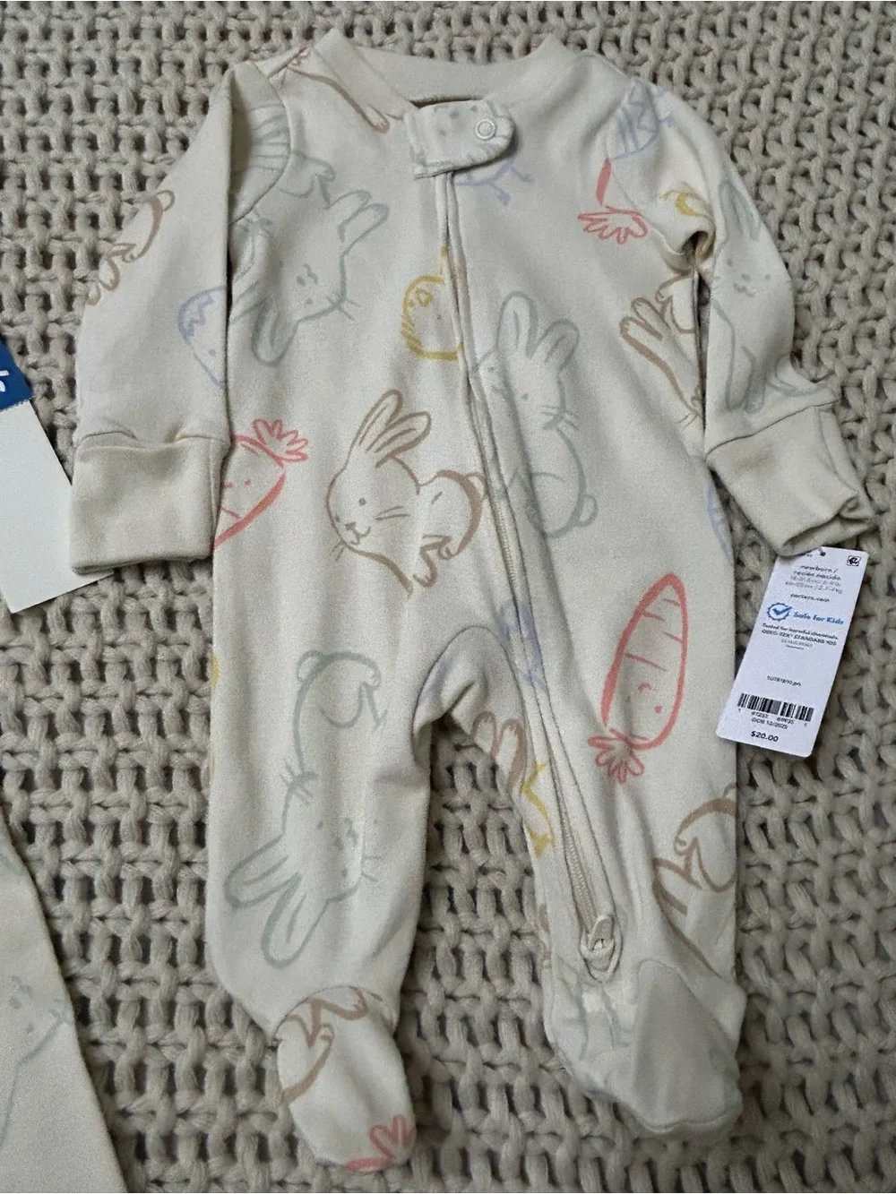 NWT Sibling Set of Soft  Cream Bunny & Carrot Kids PJs size 2T and newborn